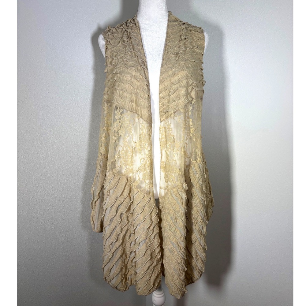 Mod'Land Paris Vintage Y2K Boho Ruffle Lace Tweed Mixed Media Vest Tan Beige S